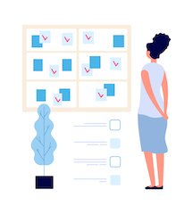 Dark-haired woman in front of a task board